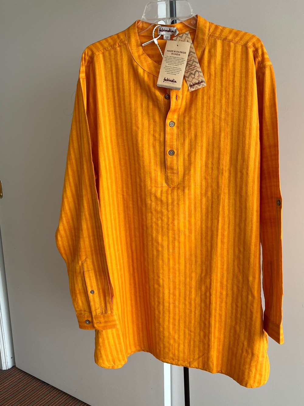 NWT FABINDIA Men's Kurta Orange 🍊 Woven 100% Cotton Nehru Collar  Slim Fit XXL